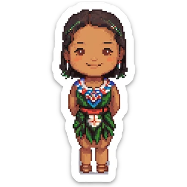 brown Samoan skinny girl with slight Chinese features, black short hair just below the shoulders, smiling with closed lips, pixel art style sticker