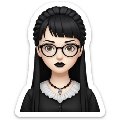 Faça uma moça de cabelo preto micro franja e penteado gótico pálida e com maquiagem gótica pesada olhos castanhos escuro e óculos  sticker