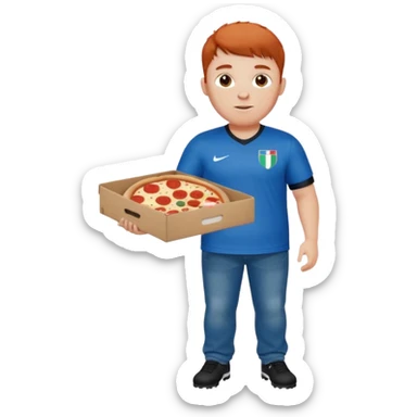 chubby light-freckled red-haired man with modern fade haircut and styled bangs, wearing black baggy jeans and blue Italian soccer jersey 2024 home kit, holding a pizza box sticker