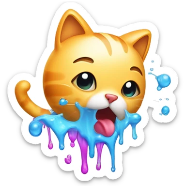 A cute cat character looking unwell, with a colorful stream of liquid coming from its mouth, depicted in a cartoonish and playful style sticker