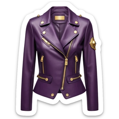 Dolce and gabanna brand Cropped midnight plum color leather detailed jacket for women with 10k gold and metallic chrome edgy style embellishments. 8k, 5000x5000px, 3D rendering, realistic, isolated still life, no emoji faces no emoji icons no human figures  sticker