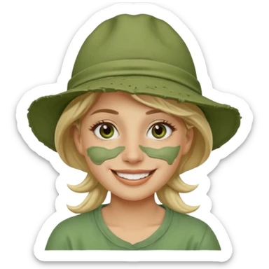 messy green clay mask and tourist hat blond braided woman big eyes smiling and clay mask on face sticker
