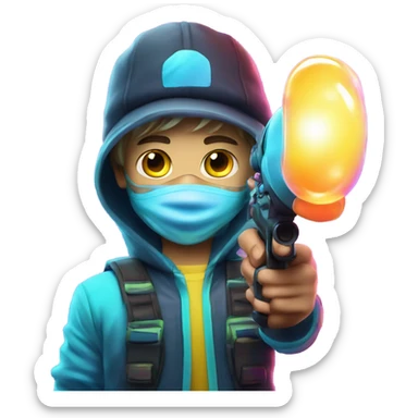 Caucasian boy in glowing rave gear with mask and hat and shooting a bubble gun sticker