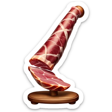 ​Cinematic Realistic Spanish Jamón Leg, depicted as a massive, cured leg of Jamón serrano with a deep reddish-brown hue, intricately marbled and slightly glossy with age, elegantly displayed on a rustic wooden stand and bathed in warm, soft lighting that accentuates its artisanal heritage, sticker