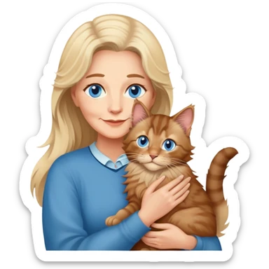 A blonde blue eyed older woman holds a brown Maine Coon cat in her arms sticker