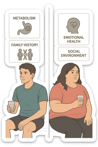 a split illustration showing two individuals with similar lifestyles but different body types. Around them, transparent overlays display factors such as metabolism, family history, emotional health, and social environment, highlighting the complexity behind body weight differences. The background is neutral and modern. realistica sticker