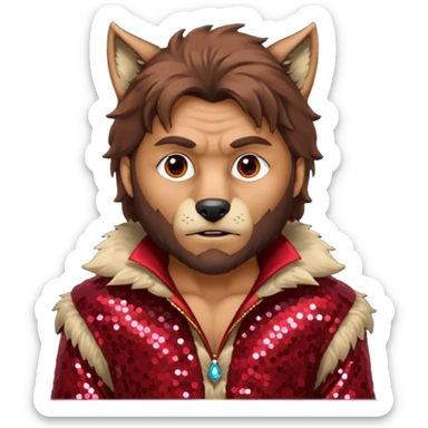The Wolf Man with tan skin brown hair and fur, dark red sequin outfit sticker