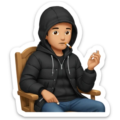 A man sitting on a chair, wearing a black puffed coat with hood, hands in his pocket, smoking a cigaret, he is on a chair i sticker