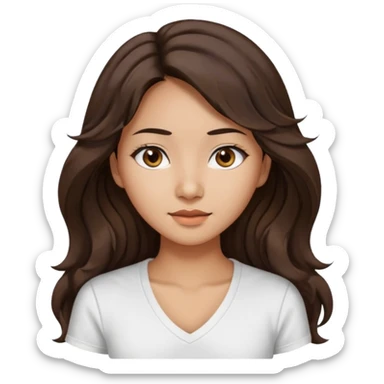iOS style emoji. A girl with very long dark brown wavy hair. And the eyes color is dark brown. And she is wearing white t shirt with V kneck. And she is 30. She is Asian with double eyelids  sticker