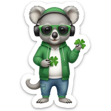 anthropomorphised koala, full body, wearing a hoodie and jeans, dark sunglasses, headphones, dressed for St. Patrick's Day, different pose sticker