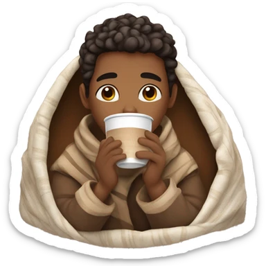 Brown skin tone male wrapped up in a woven blanket sipping hot chocolate  sticker