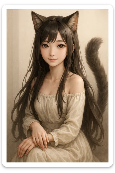 realistic anime catgirl, long hair, lifelike fur texture, gentle smile, elegant pose sticker