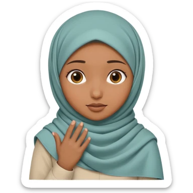 Hijabi girl sitting.     head covered
hands pulling the fabric in
shy-but-dramatic energy
“no cameras pls” but in a cute way
soft + mysterious vibe sticker