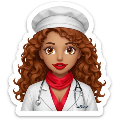 Sensual Spanish Lilith core evil surgeon.red outfit.  Surgeon has hazel eyes. Her hair is BROWN. Hair is also  long and  curly. wearing a sexy surgeon outfit with platform  heels.she is a calculated smart cereal killer. She covers only her mouth and nose with silk scarf to hide identity  sticker