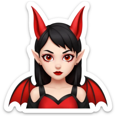 demon girl, skin red (no pale/blush), black hair, small horns, pointed ears, bat wing, black open-back dress, bold black outlines, red+black palette sticker