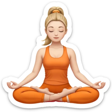 white woman with ponytail hairstyle in lotus position meditation yoga pose, closed eyes, relaxed face, wearing orange yoga outfit sticker