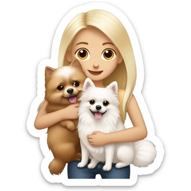 Blond girl hugging white Pomeranian and brown Pomeranian  sticker