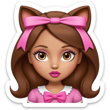 Bratz doll character with brown hair, pink bow, large lips, and almond-shaped foxy eyes sticker