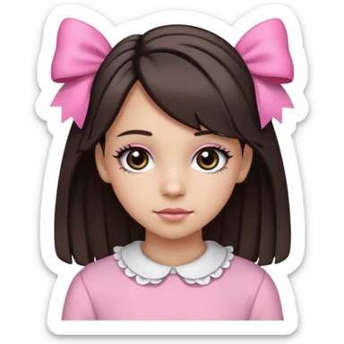a 13 year old girl with black and brown hair with blond highlights. pink bows and pink outfit with long eyelashes and black eyes sticker