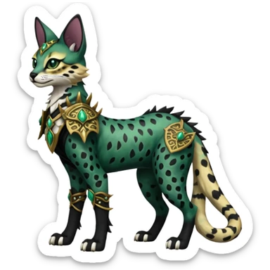 Epic complex detailed dark dusky gloomy deep gothic dark-deep-green, black, realistic Fakémon-Sprigatito-Floragato-Meowscarada-Trico-Sergal-Serval-Vernid-creature (full body) sticker