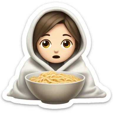 brunette white girl crying eating ramen noodles while swaddled in a blanket  sticker