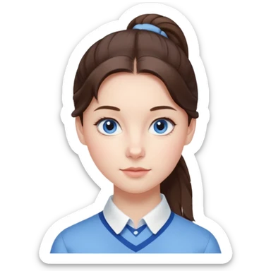 Realistic Student Portrait, with porcelain-like skin featuring a natural rosy flush, illuminated by soft lighting that highlights the gentle contours of her face. Her Brunette pony tail hair flows in soft, Her deep blue eyes radiate warmth and innocence,  wear light blue preppy style. sticker