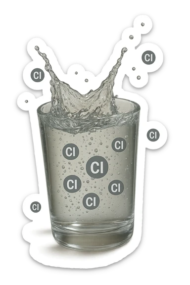 un bicchiere di acqua cade verticalmente dall'alto realistico e dettagliato, dentro l'acqua del bicchiere ci sono particelle di cloro ben visibili con la scritta "Cl" sopra, ci sono particelle anche che escono dal bicchiere e fluttuano in aria verticalmente, mentre alcune sono all'interno dell'acqua nel bicchiere, iperrealistico 4k sticker