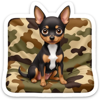 Miniature Pinscher Chihuahua mix dog with a dark coat sitting on a camouflage blanket, cute and expressive sticker