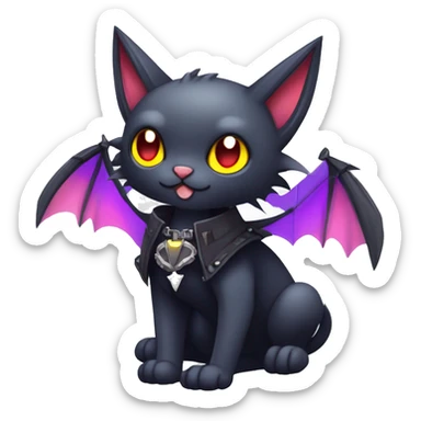 cool edgy kawaii ethereal dark-punk-themed animal vampiric cat-hybrid Fakemon with fangs and bat-wing-ears with a collar full body sticker