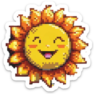 A sun with a joyful face, in the style of pixel art sticker