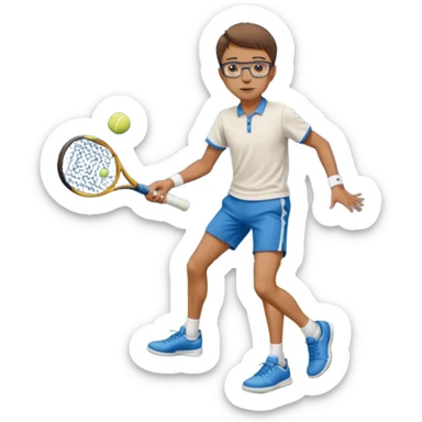 homme l'air cool taille moyenne corpulence maigre cheveux chatain court yeux bleus lunettes photo de pieds en pantalon qui fait du tennis sticker