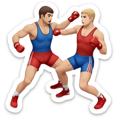 Two Sambo fighters in blue and red gis with shorts and wrestling shoes, executing gripping and throwing techniques. The fighters are engaged in a dynamic, action-packed moment with no strikes. The background features a wrestling mat, focusing on the technique and control. Transparent background  sticker