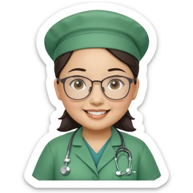 FILIPINA FEMALE NURSE, CHUBBY, NO HAIR, WITH GLASSES, GREEN SCRUBS, AND CAP, SMILING sticker
