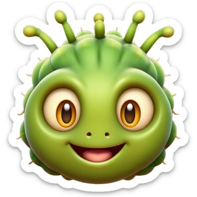 Cinematic Cheeky Caterpillar Portrait Emoji, Head tilted dramatically with an exaggeratedly surprised expression, featuring a tiny, wiggly body with wide, comically expressive eyes full of playful wonder and animated, curving segments, Simplified yet hilariously expressive features, highly detailed, glowing with a slightly sassy natural glow, high shine, dramatic yet playful, stylized with an air of cheeky woodland mischief, soft glowing outline, capturing the essence of a meme-worthy caterpillar that looks ready to wiggle its way into viral fame! sticker