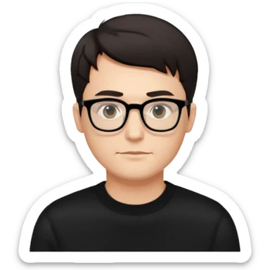 crea un uomo con i capelli corti scuri, occhiali da vista neri rettangolari e un maglione nero sticker