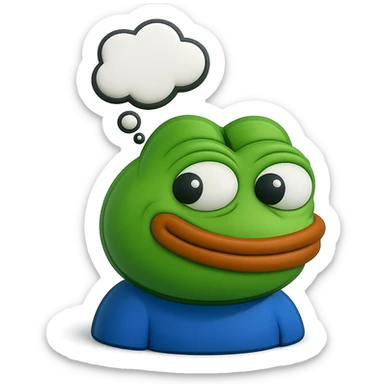 make a pepe in bright green smiling with thought bubble looking at right left in 3d style, good highlights and shadows, drop shadows sticker