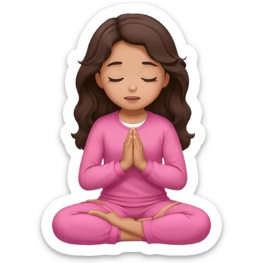 Girl with wavy dark brown hair and slight tan skin praying with a pink outfit on her knees with her eyes closed  sticker