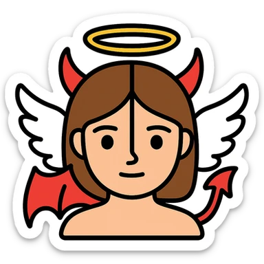 Edit this image to depict a brown-haired girl with half angel (halo, white wing) and half devil (horn, red wing) features merged into one face. Remove the background. sticker