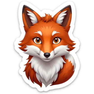 Cinematic Noble Fox Portrait Emoji, Poised and regal, with a lithe, agile build and a lush, fiery red Fur accented by white markings on the chest and tip of the tail, deep-set soulful amber eyes, Simplified yet sharp and sophisticated features, highly detailed, glowing with a warm, dignified glow, high shine, intelligent and cunning, stylized with an air of wild elegance, focused and attentive, soft glowing outline, capturing the essence of a watchful and confident forest wanderer, so majestic it feels as though it could dash out of the screen with effortless authority! sticker
