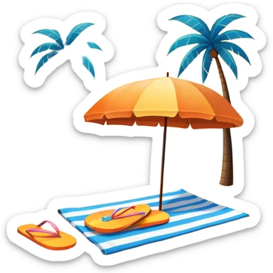 Icon for Beach Tourism: with the blue ocean, orange sunset, yellow sand beach and palm trees in the background, a sun umbrella, flip-flops, and a beach towel on the sand. The icon should represent relaxation and fun at the beach. Transparent background sticker