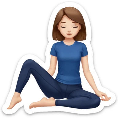 Brown long haired white girl with closed eyes in dark blue leggings and a black t-shirt sits on the splits sticker