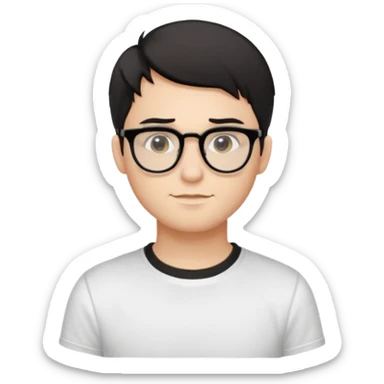 Style anchor + Young adult male American, light-medium skin, short black hair, white crew-neck tee, thin black-rim glasses, friendly neutral. sticker