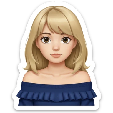 girl with dirty blonde hair and curtain bangs and navy blue off the shoulder sweater sticker