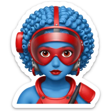blue curly girl with huge earrings wearing red paintball helmet with eye protection, only face  sticker