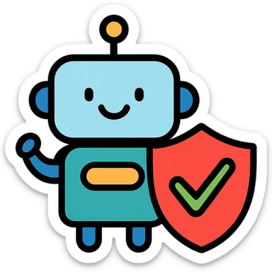 smiling AI robot with a shield and a visible certification checkmark, safe and trustworthy appearance, icon style sticker