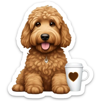 brown golden doodle with a coffee sticker