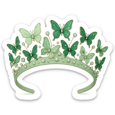 butterfly crown with a soft green base, butterflies in light and dark green enamel, sparkling gems sticker
