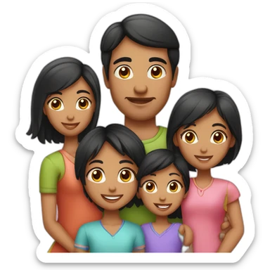 Indian family of 4 people, dad black hair, mom black hair, 1 girl child and 1 boy child and 1 daughters at home sticker