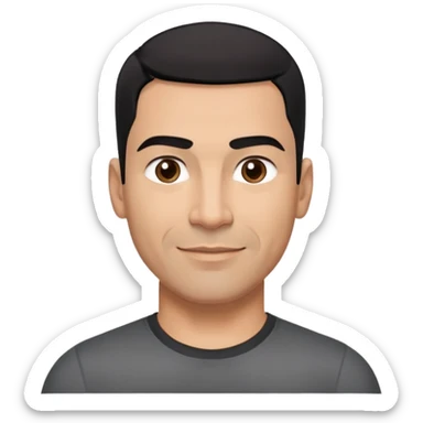 Athletic Hispanic man in his 40s-50s with light brown skin, very short black hair with low fade haircut, square face with strong jawline, thick straight eyebrows, wide straight nose, medium lips with confident smile, broad shoulders, wearing black fitted t-shirt sticker