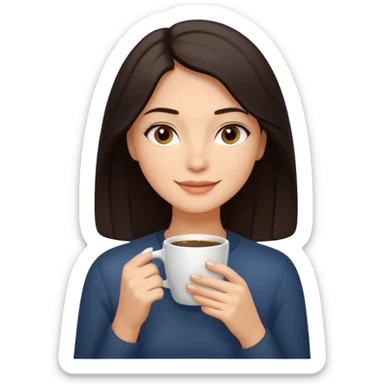 Calm and confident woman with dark shoulder-length hair, warm skin tone, soft features. Sitting by a window, peacefully sipping coffee with a gentle smile. Relaxed, natural vibe. sticker